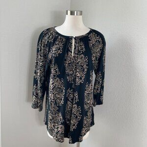 Lucky Brand Womens Plus 1X Black Beige Floral Tunic Top Boho Shirt Blouse